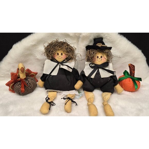 Primitive Vintage Handmade Pilgrim Dolls w Turkey and Pumpkin Thanksgiving Decor - Picture 1 of 4